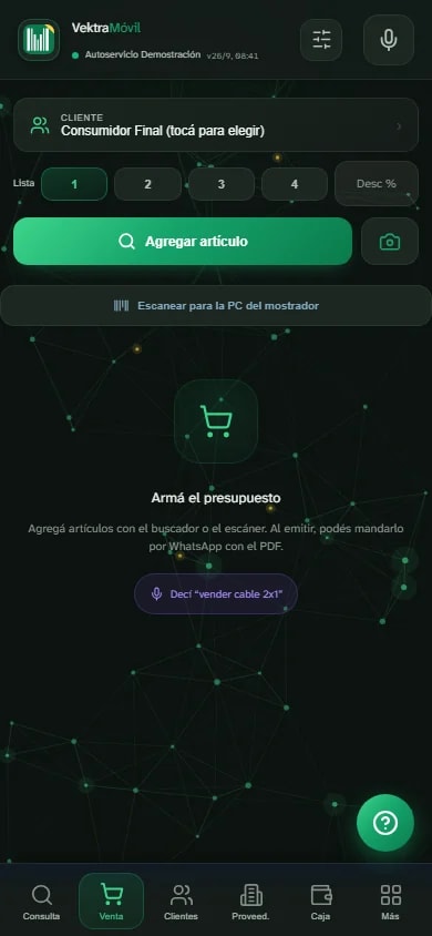 Armado de un presupuesto desde el celular en Vektra Market