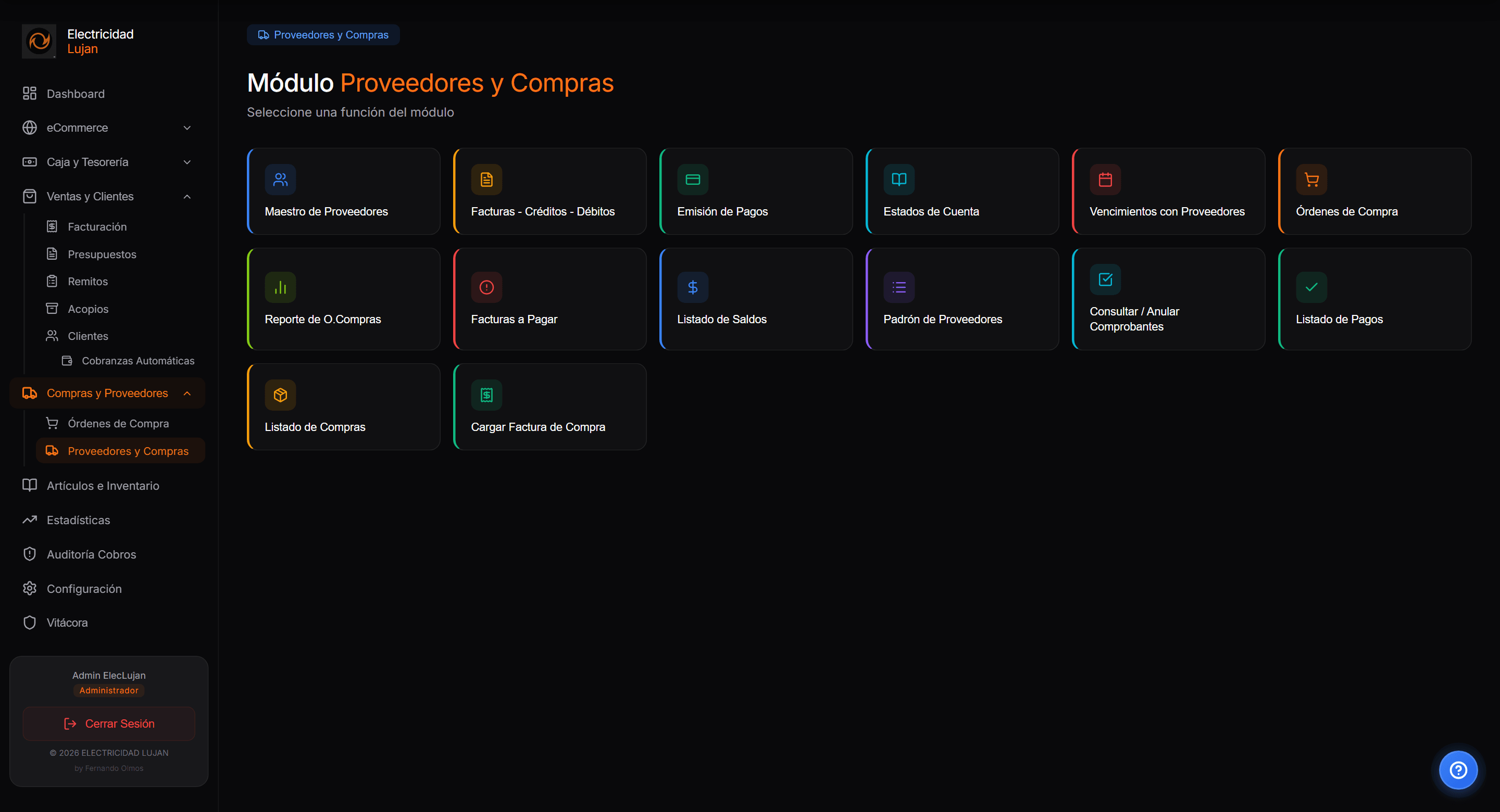 Pantalla de compras y proveedores de Vektra Gestión Comercial